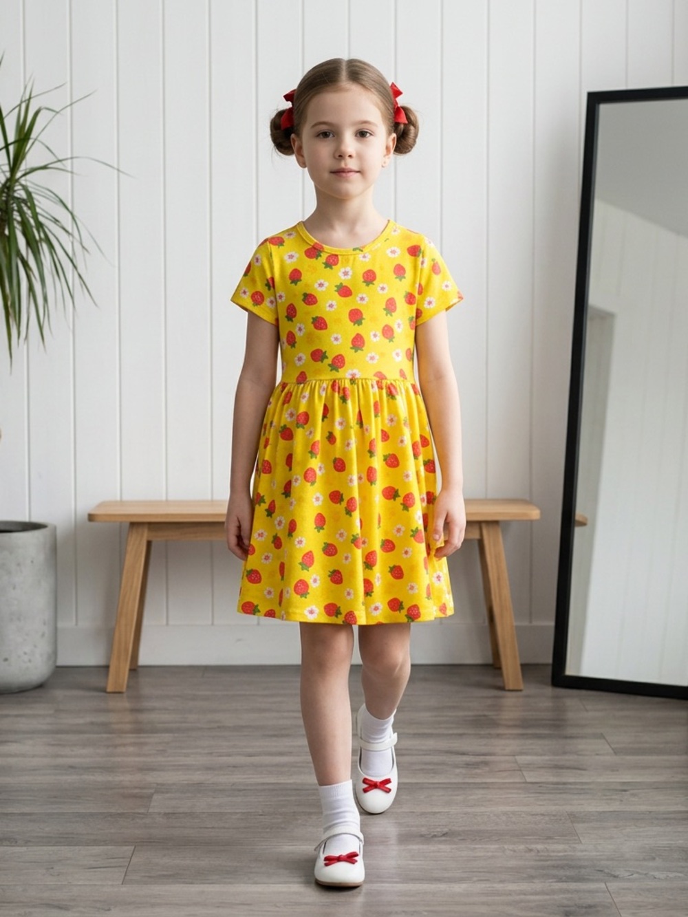 Girls' Yellow Strawberry Print Cotton Dress